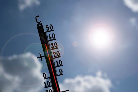 Display 37 degrees Celsius, symbolic image heat, heat wave, thermometer in the sun, climate change,