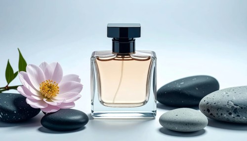 Bottle of perfume with flower and stones, cosmetic products, creative atmosphere, AI generated