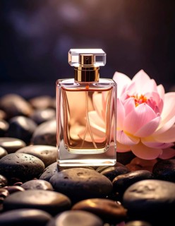 Bottle of perfume with flower and stones, cosmetic products, creative atmosphere, AI generated