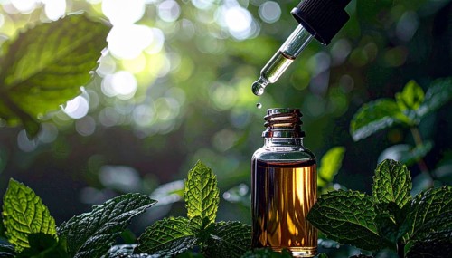 Bottle of mint oil on nature background, dropper isolated with copy space, AI generated