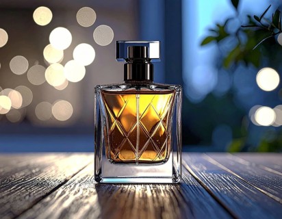 Bottle of perfume on a wooden table with bokeh background, AI generated