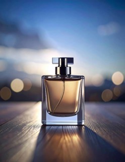 Bottle of perfume on a wooden table with bokeh background, AI generated