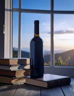 Bottle of wine and old books near the window, still life, AI generated