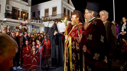 Good Friday, Epitaphios, funeral procession, priest in traditional traditional costume speaking