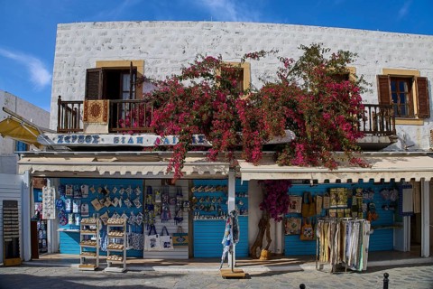 Pretty speciality shop with blooming decoration in a sunny street, souvenir shop, Skala, harbour,