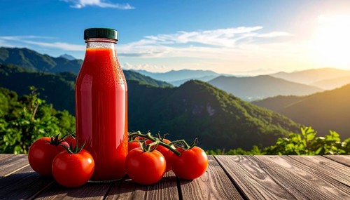 Bottle of fresh tomato juice on table, space for text, refreshing drink and vegetables from red