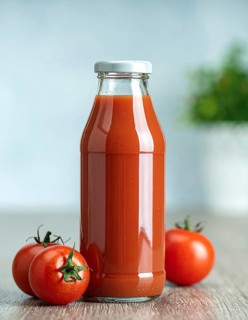 Bottle of fresh tomato juice on table, space for text, refreshing drink and vegetables from red