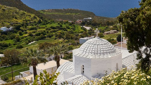 Cross-domed church Panagia Diasosousan, Moni Evangelismou, monastery, church in Mediterranean