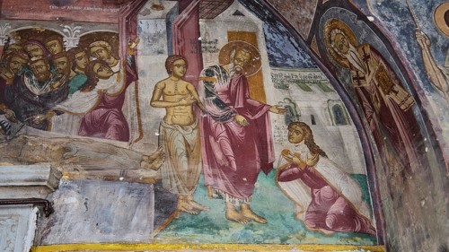 Medieval fresco with holy figures at a religious ceremony, Monastery of St John, People seeking