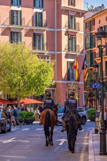 Horses with mounted police on a city street with people and cars, Palma de Mallorca, Mallorca,