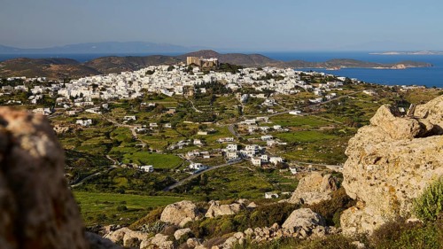 Rocky landscape with panoramic view of a village and the sea, Monastery of St John the Theologian,