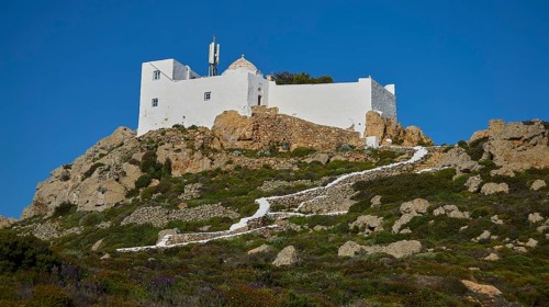 White building perched on a hill, accessible via stony steps, Church of the Prophet Elias, Profitis