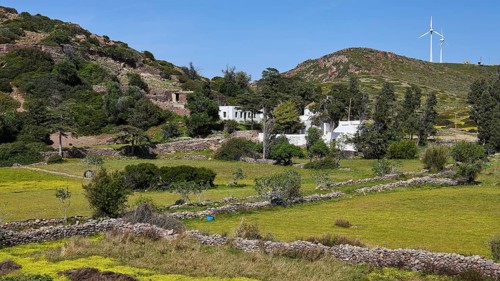 Rural area with stone walls and windmill on a grassy ridge, limoni Kalogiron monastery, Livadi
