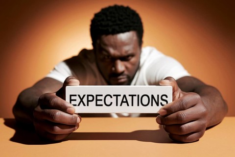Black man holding block labeled expectations in orange studio, symbolizing social pressure and
