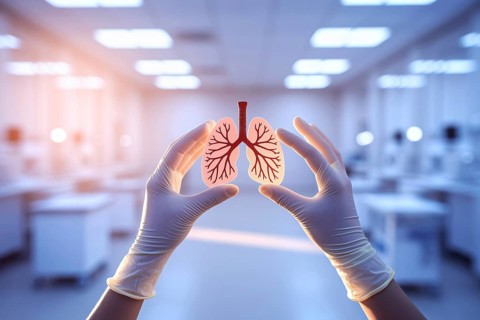 Gloved hands holding lung model in warm-lit hospital setting, symbolizing respiratory health and