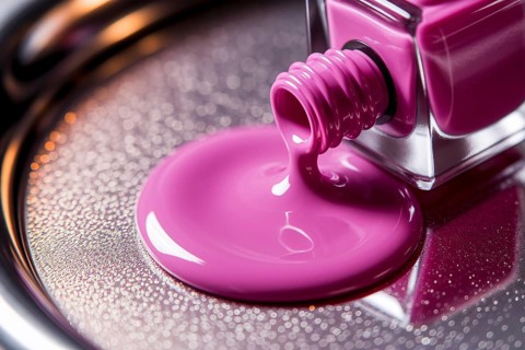 Spilled hot pink nail polish on glittery mirrored tray in macro close-up with rich color and