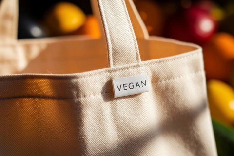 Close-up of reusable cotton grocery bag with vegan label in warm light, with blurred fruits and