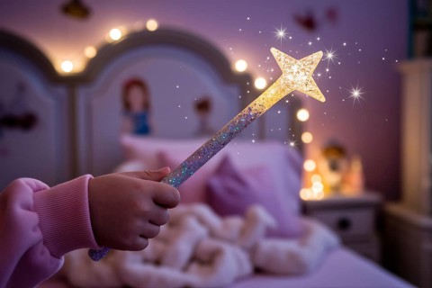Sparkling fairy wand with star tip held by young girl's hand, magical children's toy. generative