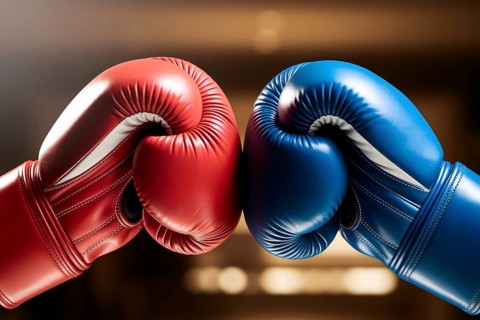 Close up of red and blue boxing gloves facing each other, symbolizing international conflict and