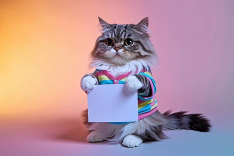 Cute domestic cat wearing a shirt holding a blank white sign in colorful studio background for