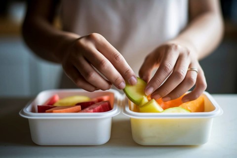 Preparing school lunchboxes: woman's hands packing healthy fruits for children. Generative ai, AI