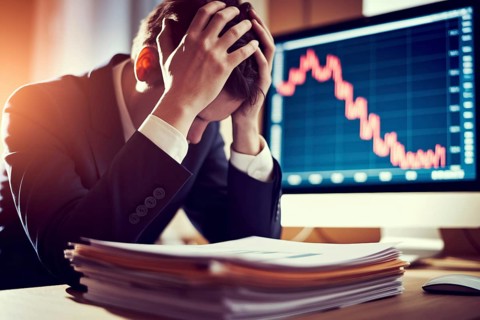 Male investor stressed out by stock market crash. Concept of financial loss, economic downturn, and