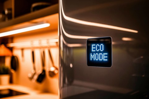 Modern refrigerator door with glowing Eco mode display in warmly lit kitchen interior. Generative