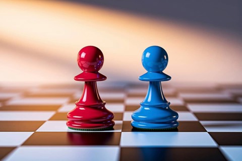 Red and blue chess pawns face off on minimalist board under warm light, symbolizing strategic