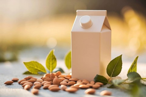 Matte beige almond milk box surrounded by almond shells and green leaves in warm natural garden