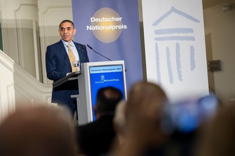 Ugur Sahin (founder of Biontech SE) gives an acceptance speech after receiving the German National