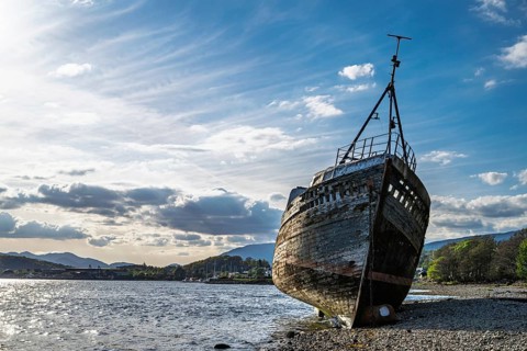 Corpach Wreck or Old Boat of Caol and Nevis Range Mountains, Caol Beach, Corpach, Fort William,