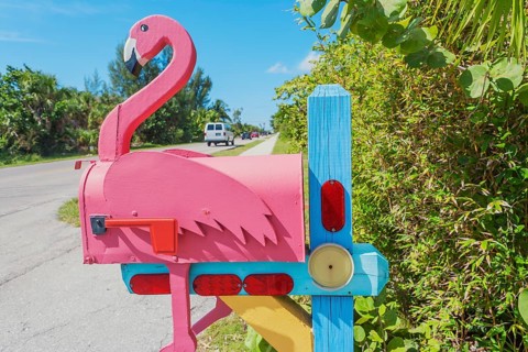 Pink Flamingo wooden mailbox, Sanibel Island, Florida, USA