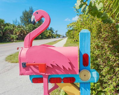 Pink Flamingo wooden mailbox, Fort Myers, Florida, USA