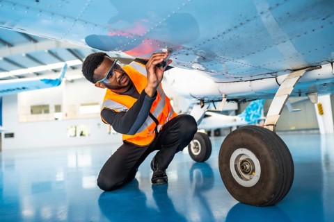 African american aviation technician wearing safety glasses and vest inspecting aircraft wing in