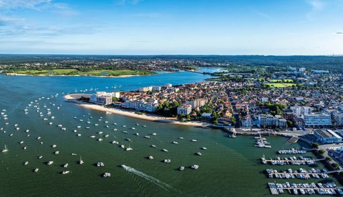 Panorama of Marina and Beach in Arcachon from a drone, Arcachon, Gironde, France
