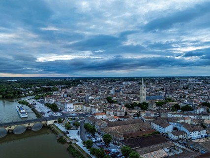 Twilight over Libourne from a drone, Gironde, Nouvelle-Aquitaine, Saint-Émilion and Pomerol,