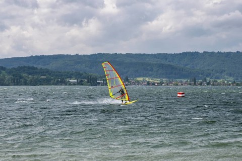 Windsurfen auf dem Bodensee, Radolfzell am Bodensee, Landkreis Konstanz, Baden-Württemberg,