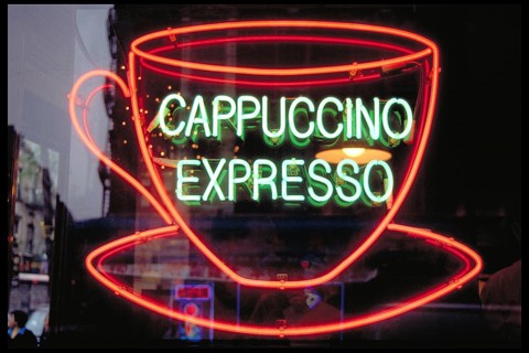 Illuminated advertising at a café, Cappuccino Expresso, New York City, USA