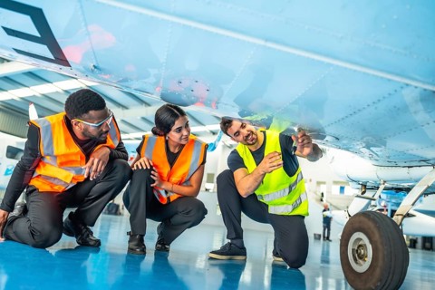 Maintenance team examining underside of aircraft during pre flight check, ensuring safety and