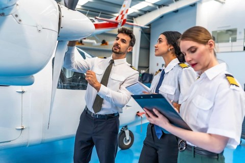 Professional pilots and aviation crew performing detailed inspection and maintenance on a small