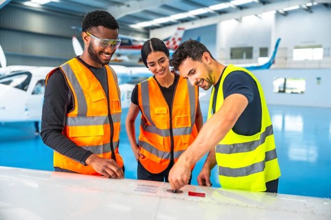 Maintenance team inspecting an airplane wing, ensuring safety and optimal performance while