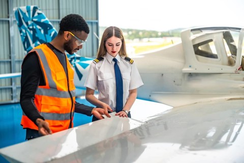 Aircraft maintenance engineer and a female pilot are inspecting the wing of a small airplane inside