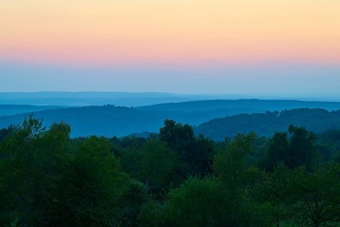 Blue dusk over hills and trees, quiet and peaceful atmosphere, Geishöhe, Dammbach, Spessart,