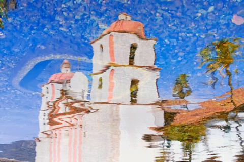 Santa Barbara Mission reflected in the water, Santa Barbara, California, USA