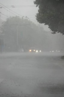 Driving a car in rainy weather, view through the windscreen, Germany