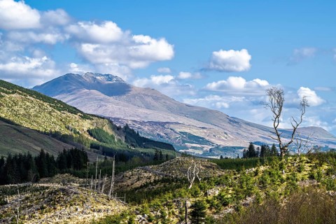 Mountains over Loch Tay, River Dochart, Road A85, Perthshire, Scotland, UK