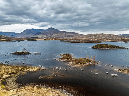 Rannoch Moor from a drone over Loch Ba and Loch of the Armpit, A82 Highland Way, Argyll and Bute,