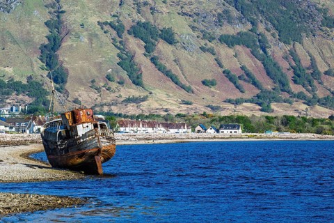 Corpach Wreck or Old Boat of Caol and Nevis Range Mountains, Caol Beach, Corpach, Fort William,