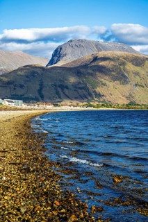 View of Caol Beach and Nevis Range Mountains, Corpach, Fort William, Highland, Scotland, UK
