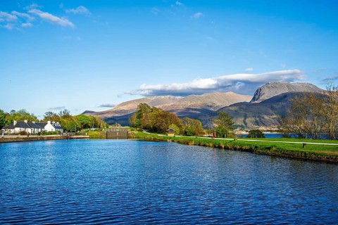Caledonian Canal, Caol Beach and Nevis Range Mountains, Corpach, Fort William, Highland, Scotland,